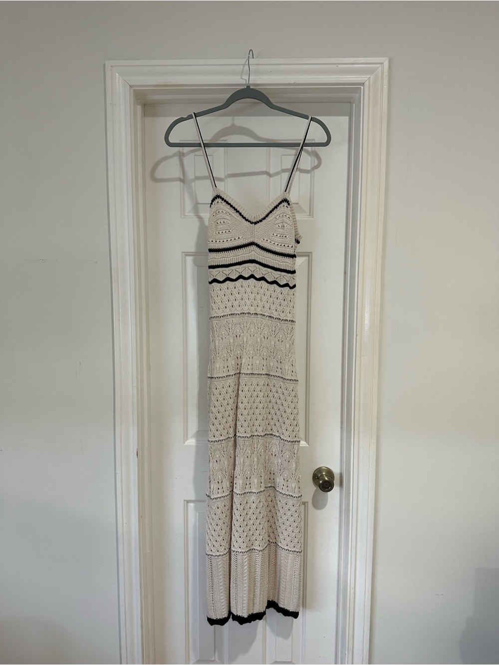 Olive & Oak Cream Crochet Midi Dress with Black Trim